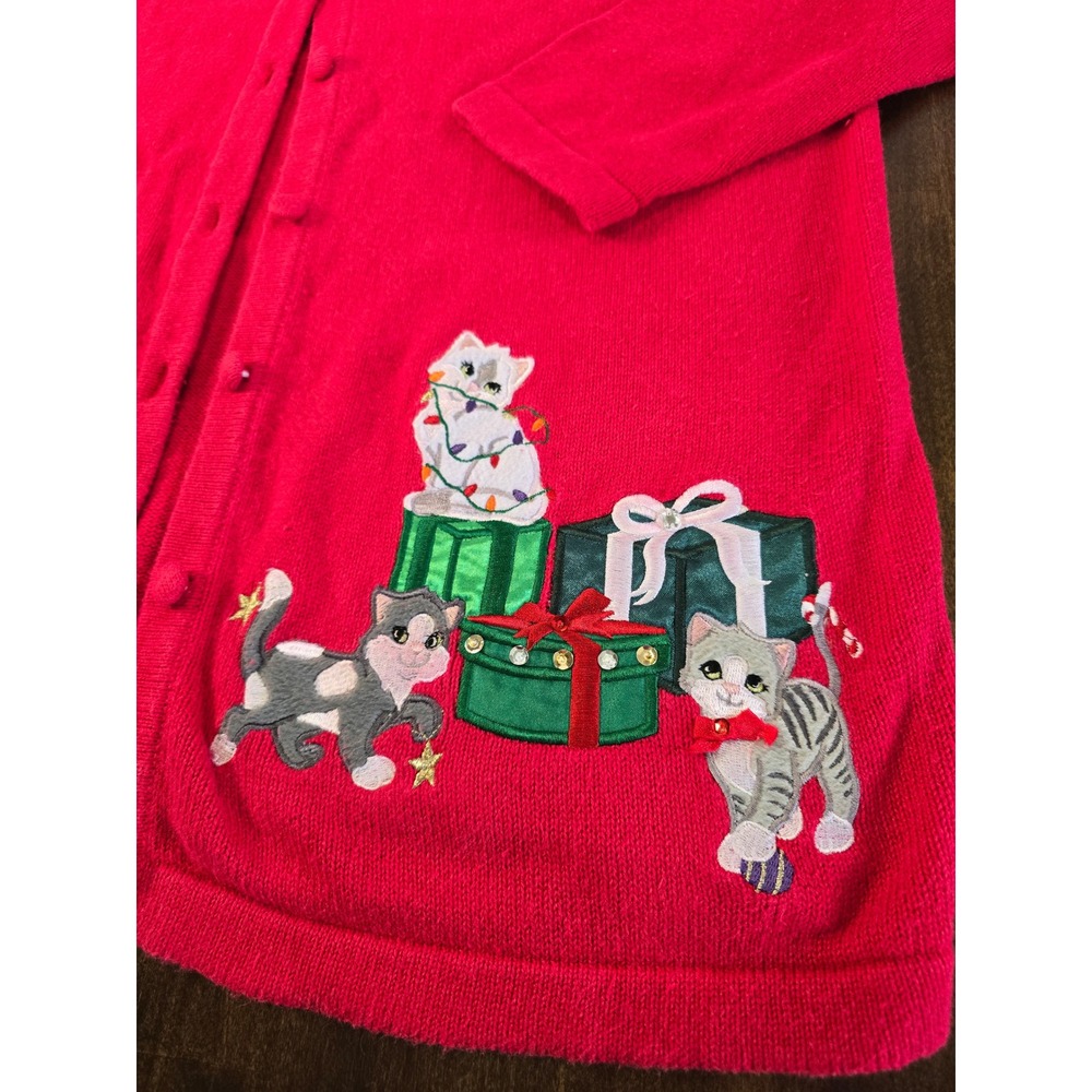 Merry & Bright Christmas Cardigan Red Embroidered Cat Kitten Holiday Sweater XL